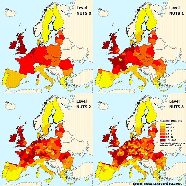 Grafik: Anteil der Weideflächen an der Gesamtfläche der administrativen Einheiten (NUTS) auf vier verschiedenen Verwaltungsebenen (NUTS 0 bis NUTS 3)