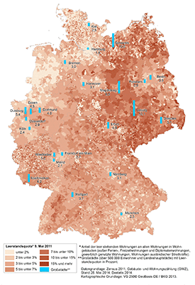 Karte: Leerstandsquoten in deutschen Gemeinden 2011; Datengrundlage: Statistische Ämter des Bundes und der Länder 2014c
