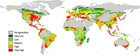 Globale Risikokarte durch den Eintrag von Insektiziden in Fließgewässern. Quelle: Ecological Modelling