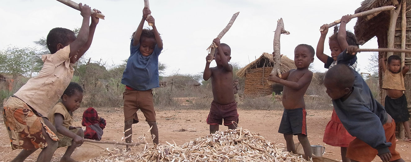 Children playing at threshing beans, Mahafaly Plateau Photo: J. Goetter