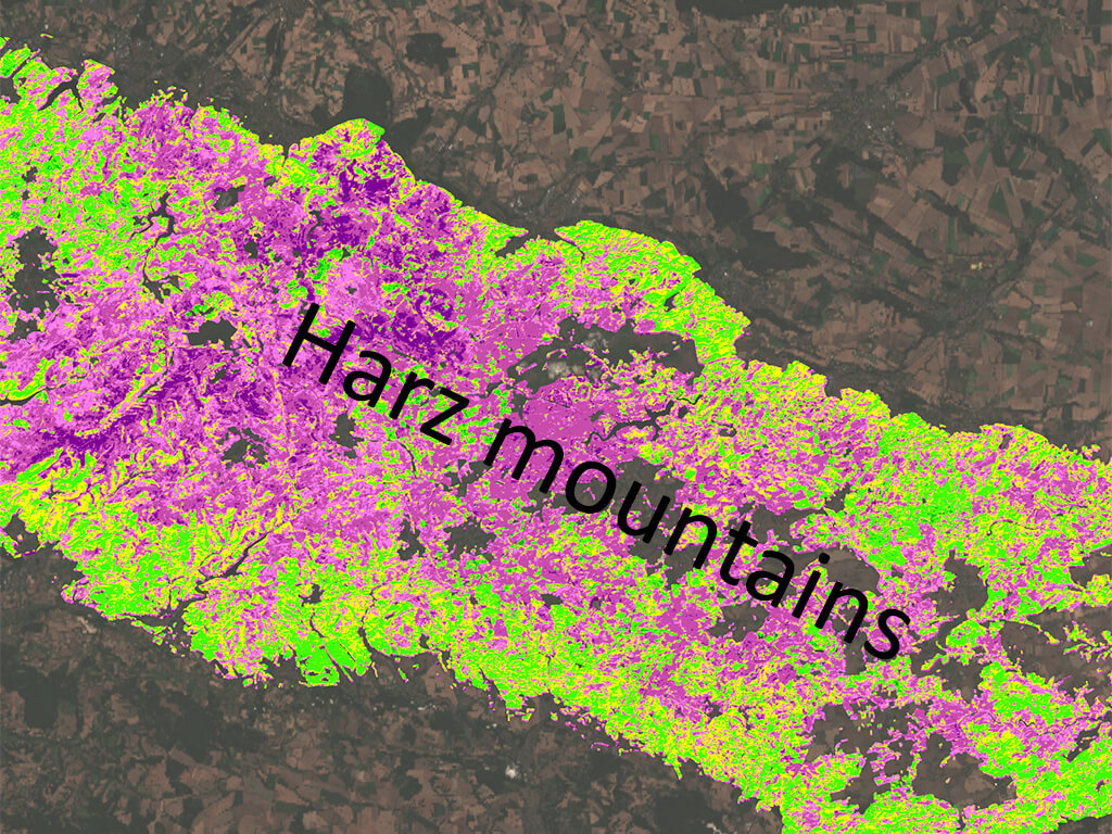 Part of the Harz Mountains 2022 ©UFZ forest condition monitor / Data source: ESA (Copernicus Sentinel-2)