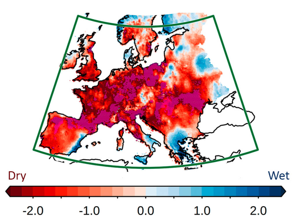 Deviation in soil moisture during the 2022 summer compared to a normal summer. ©UFZ